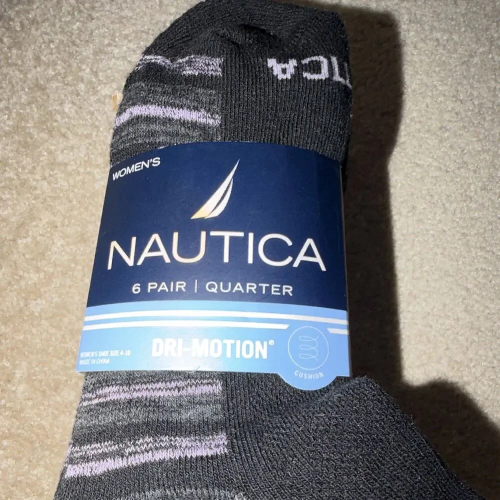 Nautica Women's Quarter Socks 6 Pairs Cushioned Striped Black Gray Purple 4-10